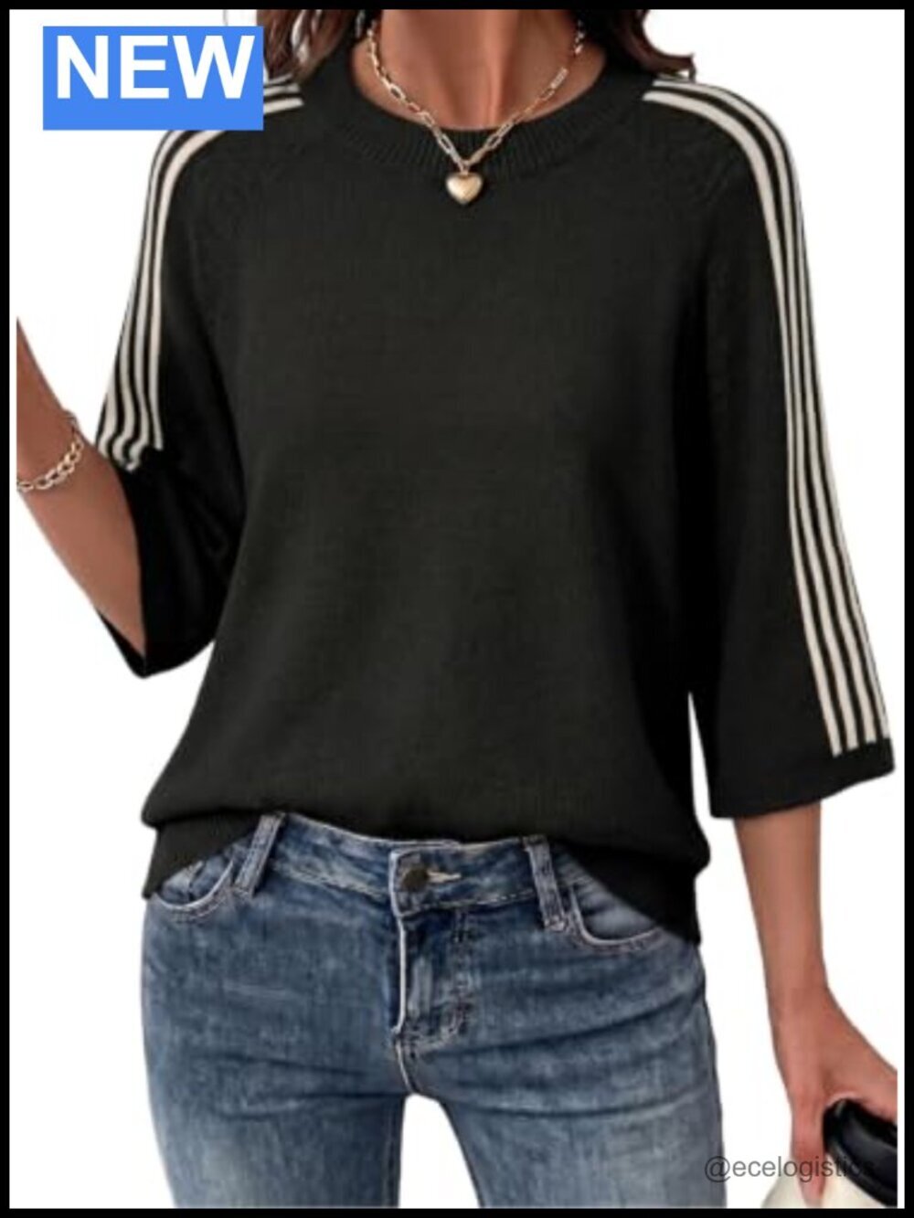Oversized 3/4 Sleeve Knit Pullover Sweater Contrast Stripe Crew Neck